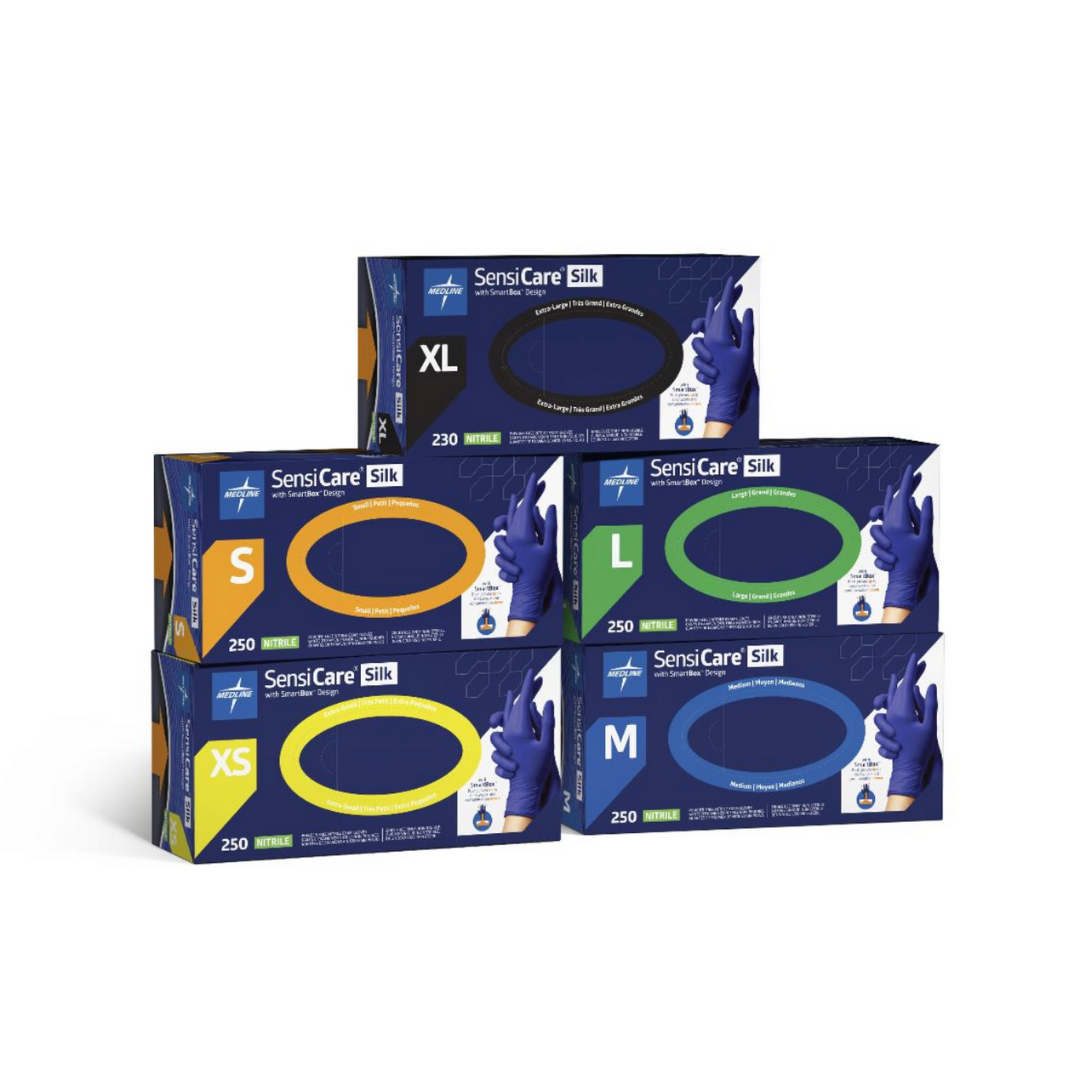 Four boxes of Medline SensiCare Silk Nitrile Exam Gloves with SmartBoX Design in sizes XS, S, M, and XL are stacked together. Each box displays a size label and an image of a blue powder-free glove on the packaging.